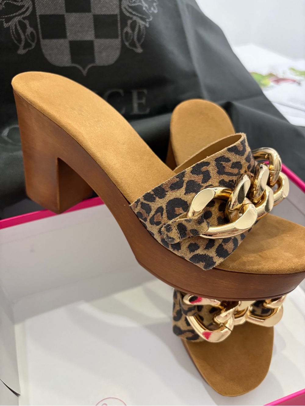 Vince Camuto Tan Suede Platform Mule with Leopard Strap & Gold Chain